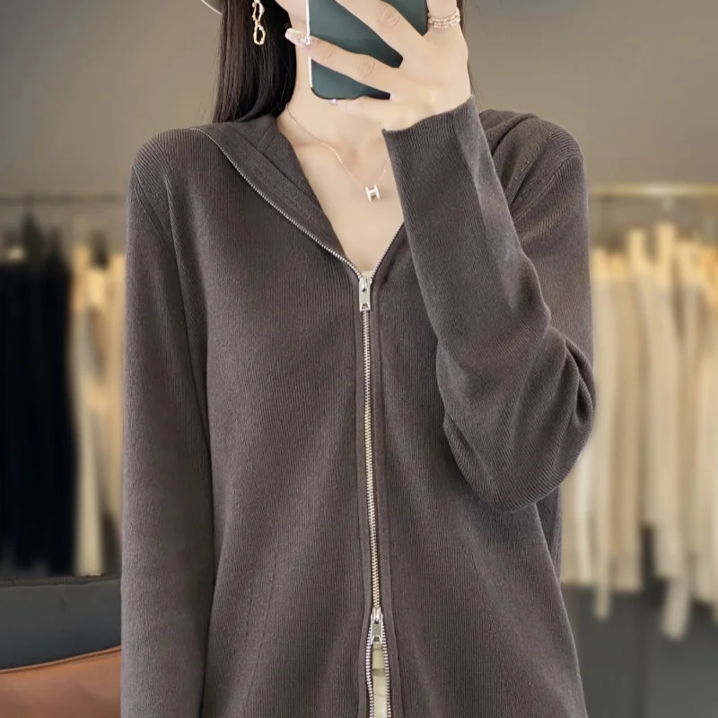 Double Zipper Hooded Knitted Cardigan for Women Fall Winter New Long Sleeve Fashion Vintage Casual Sports Jacket Solid Sweater