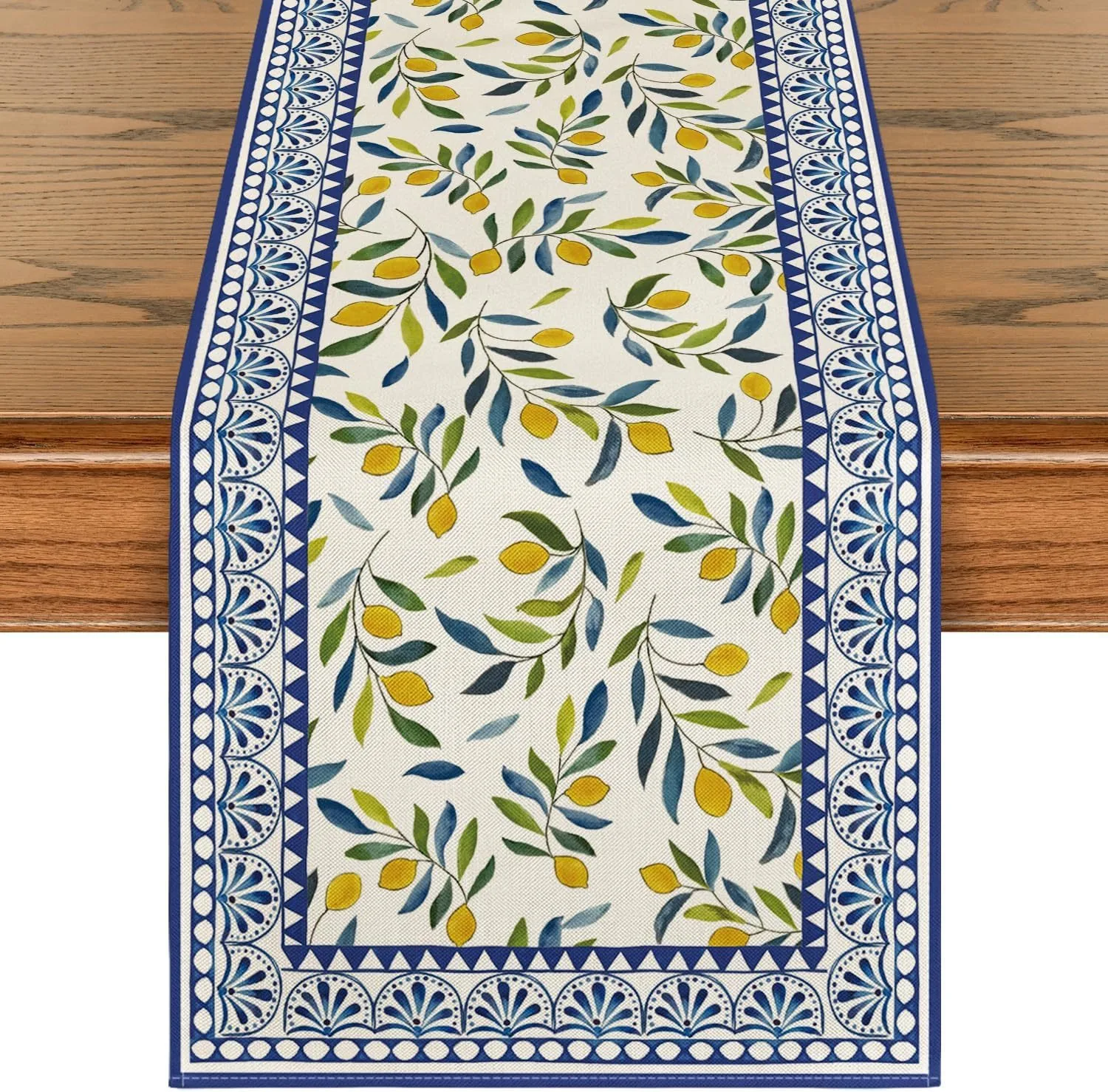 

Mediterranean Style Lemon Table Runner Italian Fruit Blue Tile Pattern Table Cover for Dining Room Kitchen Home Party Decor