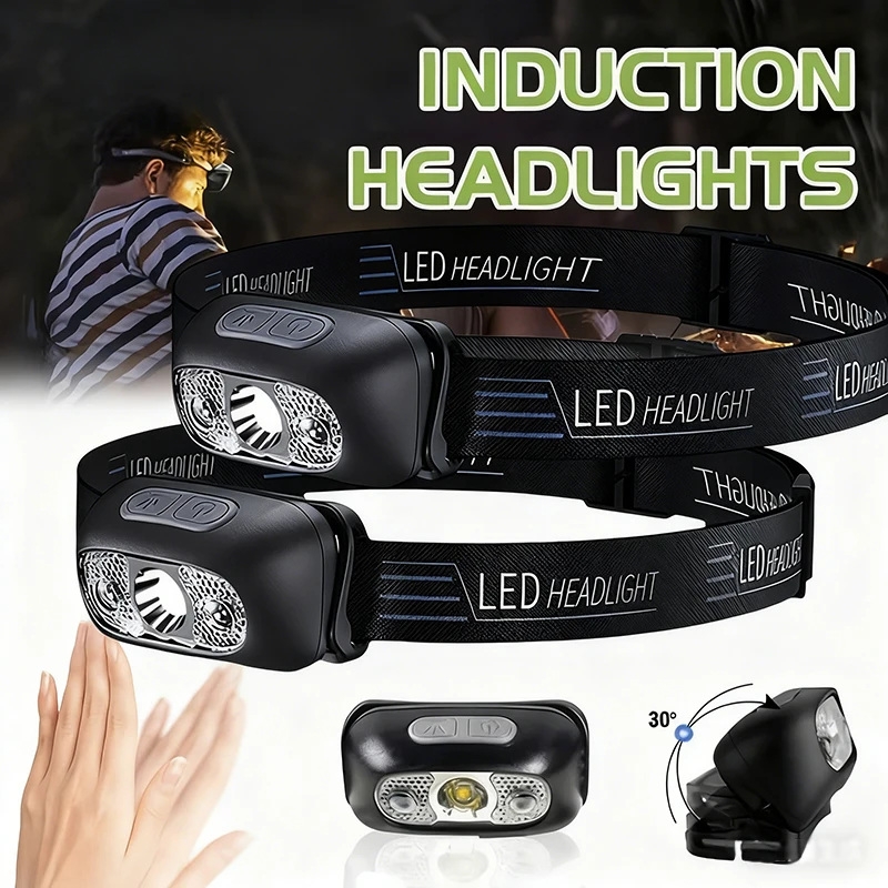 Strong Light Headlamp Portable LED Sensor Headlamp USB Rechargeable Head Flashlight Outdoor Camping Fishing Emergency Lantern