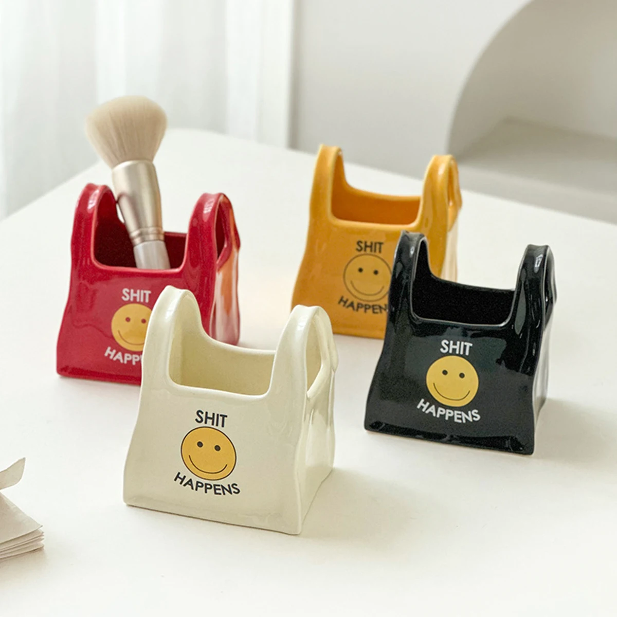 Ceramic Smiley Jar - Minimalist Desktop Storage for Pens Keys Trinkets, Positive Vibes Home Decor