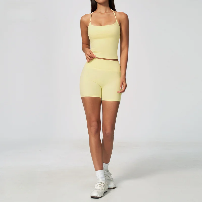Yoga Outfit Set Fitness Pilates Training Vest Shorts Solid Color Women's 2 Piece Gym Set Biker Shorts Seamless Athletic Shorts