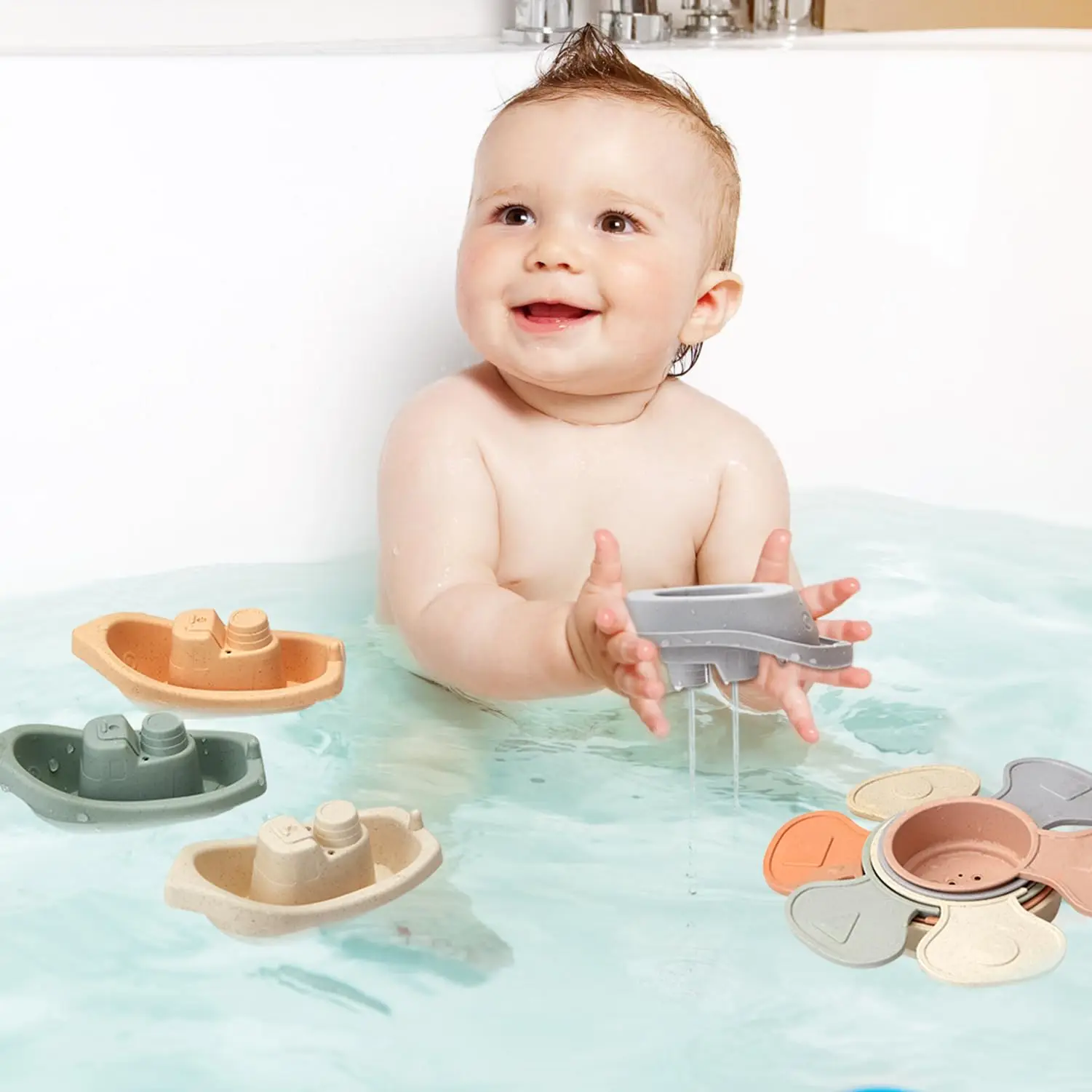 Jouets de bain flottants avec cuillère, bateau empilable en plastique durable, jouets de nappe phréatique pour bébé, cadeau d'anniversaire