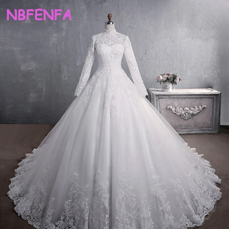 Luxury Long Sleeve Stand Collar Embroidered Lace Brides Wedding Dress 2025 Ball Gown Trailing Dresses For Women Formal Occasions