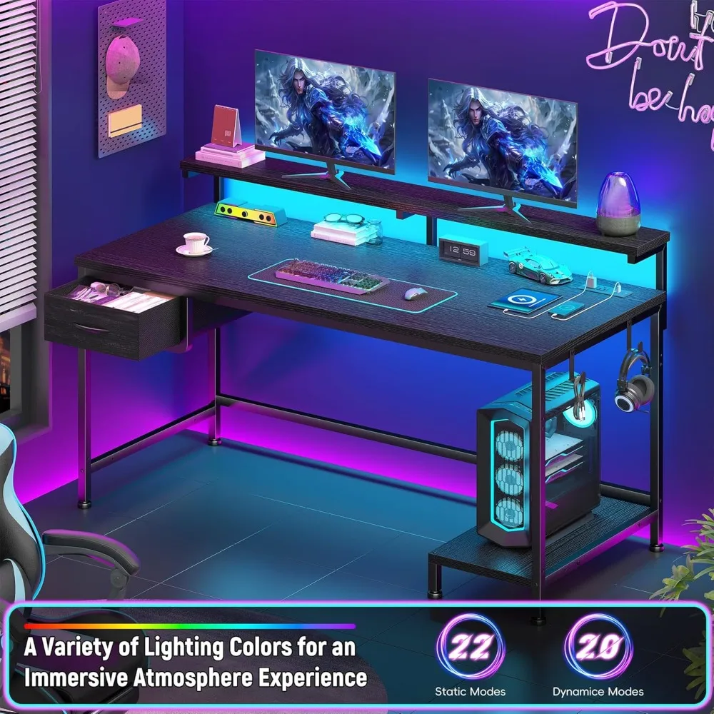 

47.2 Gaming Desk with Power Outlet and LED Lights,Computer Desk with Adjustable Monitor Stand and Drawer,Office Desk