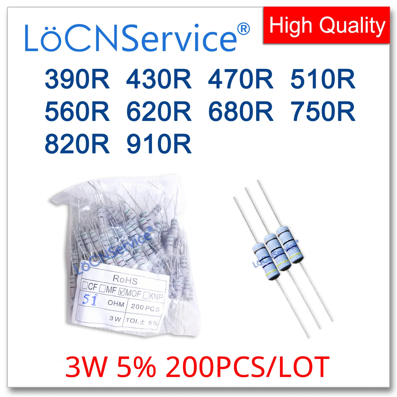 LoCNService 200 قطعة/الوحدة 5% 3 واط 390R 430R 470R 510R 560R 620R 680R 750R 820R 910R الكربون فيلم المقاوم DIP أوم