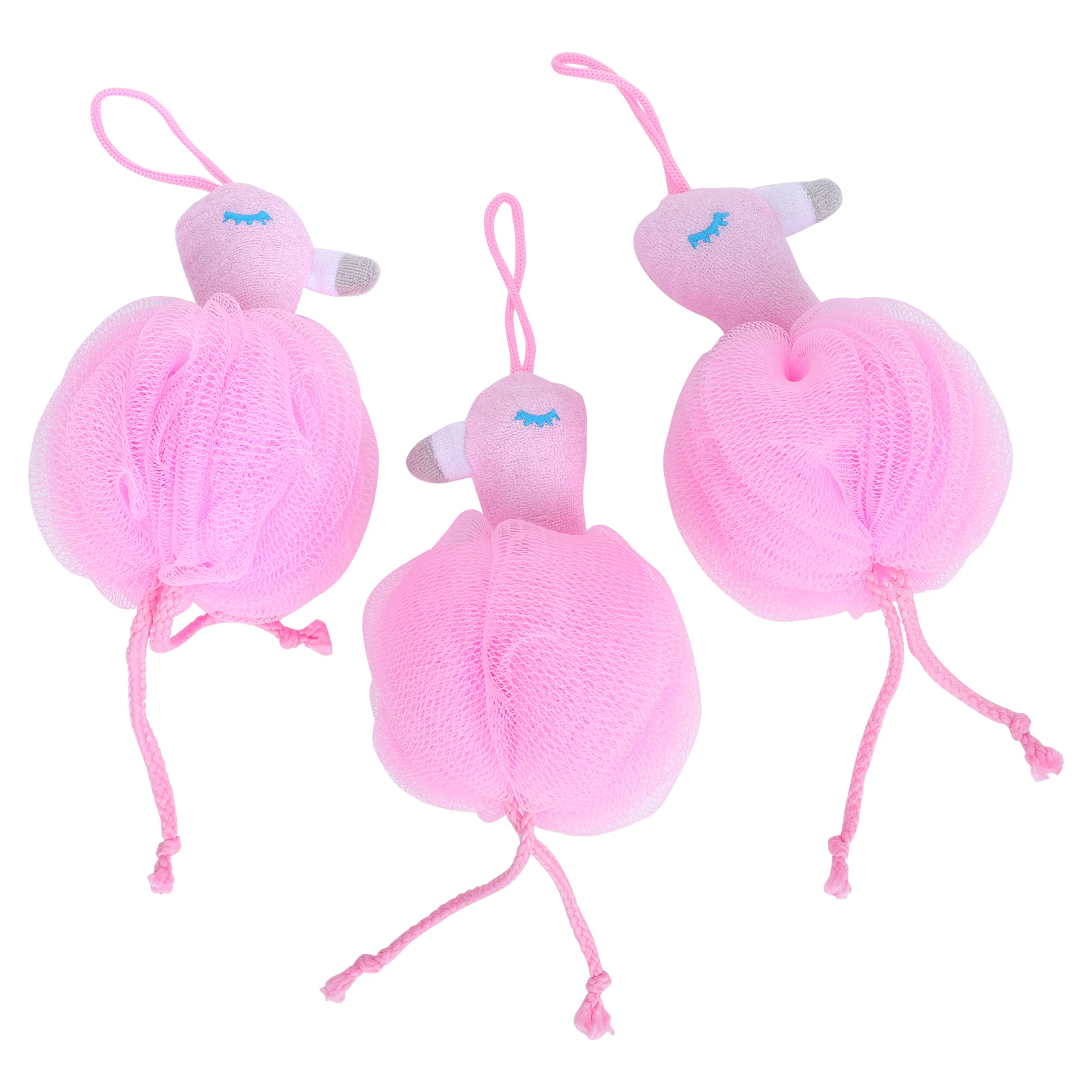 

3pcs Flamingo Shaped Balls Shower Sponges Body Wash Meshes Tools Thickened Durable Soft Skin Friendly Hangable Bath