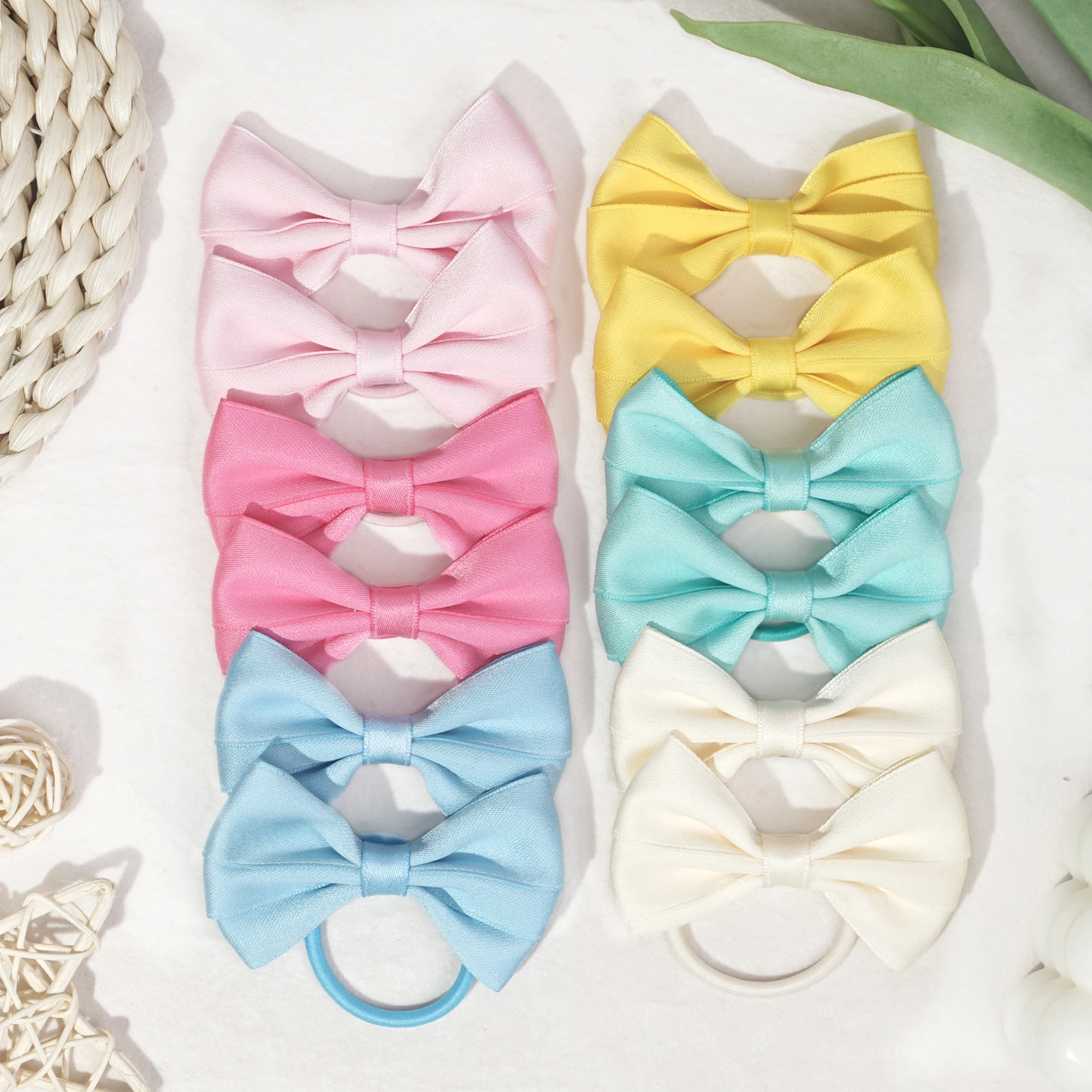 12Pcs Hair Bow Bobbles for Girls Hair Ties Pontial Bows Hair Bands with Cotton Blend Bows 3.5Inches, Hair Elastics for Girls