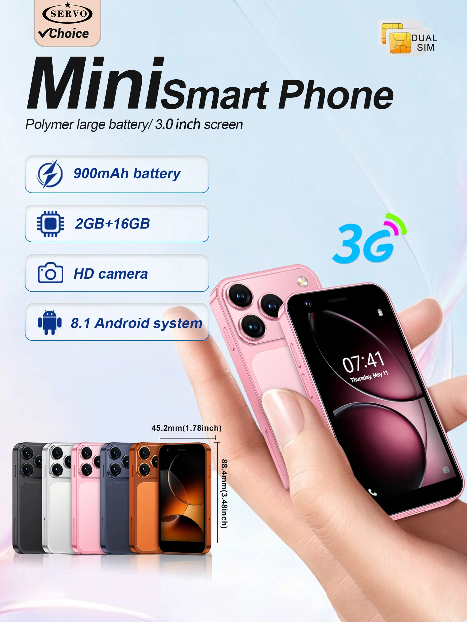 SERVO 18SE MINI Android Smartphone 3G WCDMA Dual-SIM-Karte 2GB+16GB Play Store Gesichtserkennung GPS WLAN-Hotspot 3,0" Kleines Mobiltelefon