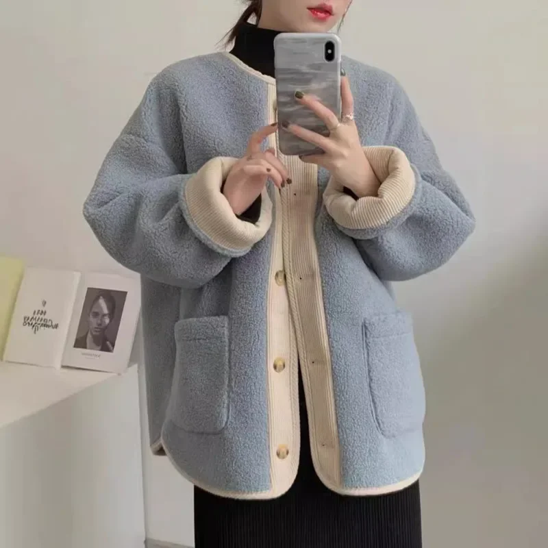 Autumn Winter Lamb Wool Button Cardigan Hoodies Women's Thicken Patchwork Fleece Sweatshirt Women Warm Outwear