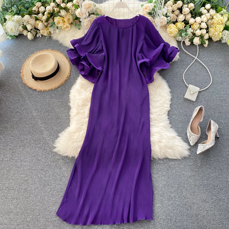 Ruffle Short Sleeve Loose Pleated Long Dress Women Summer Casual O-Neck Pleated Maxi Dress Boho Beach Dress Oversized Vestidos