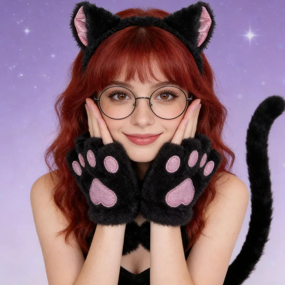 ロリータ猫耳ヘッドピーステール足タイスーツコスプレ毛皮キツネキグ手袋帽子カーニバルハロウィンパーティーコスチュームギフト4個-セット