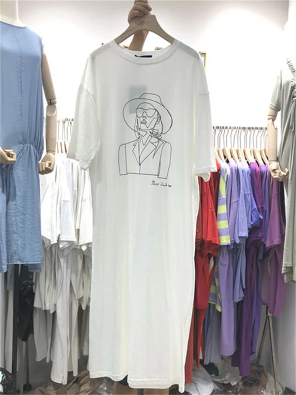 Loose Long Sleeveless T-shirt Women's Dongda Gate 2026 New Style Casual High Waist round Neck Printed Polyester Cotton Blend