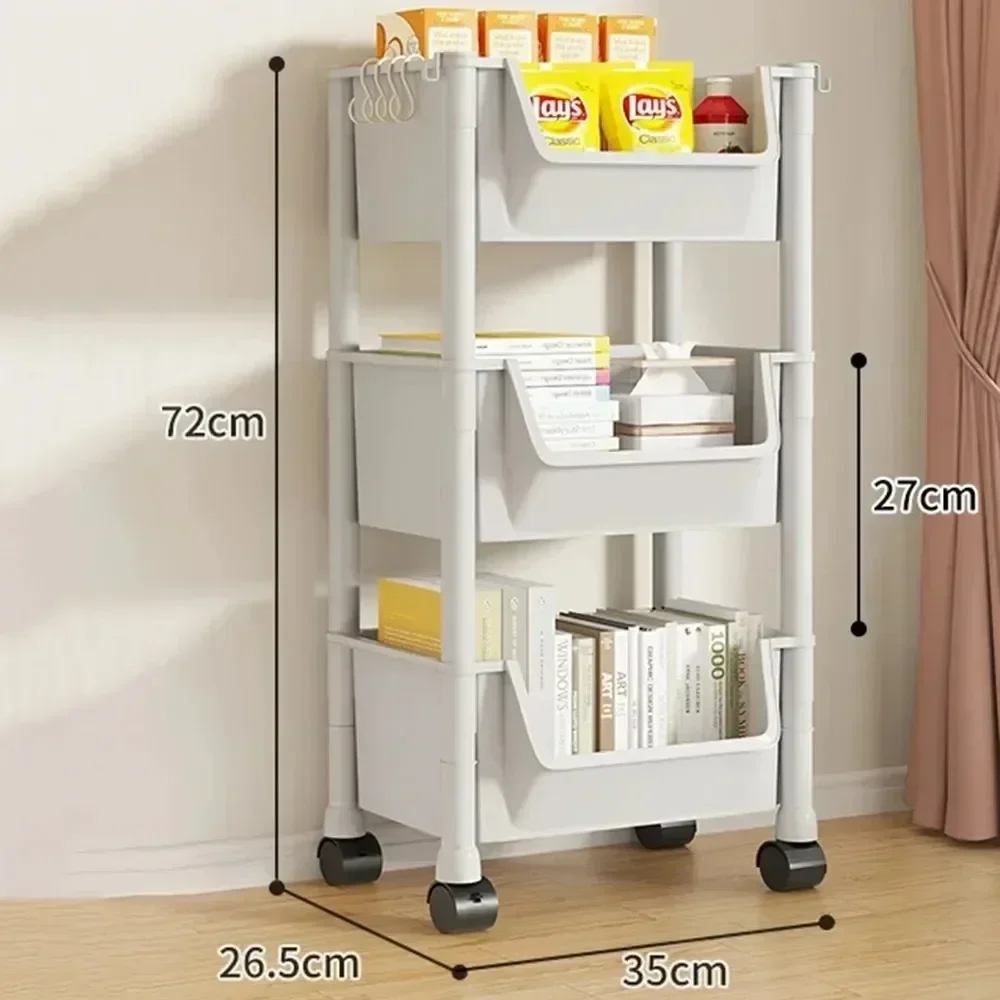 Portable Bookshelf With Wheels Trolley Kitchen Storage Rack Living Room Mobile Display Cabinet Corner Movable Bookshelf