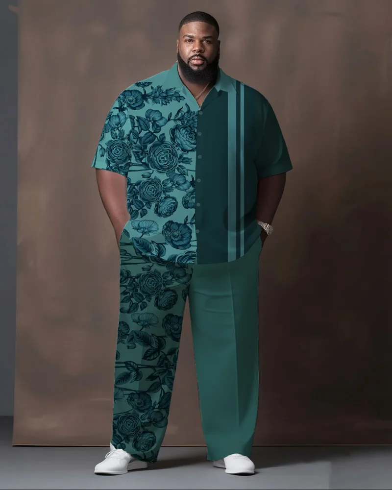 

S-9XL Men's Large Size Floral Short Sleeve Shirt and Long Pants Two-Piece Set