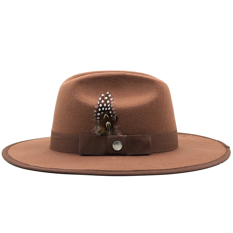 Khaki Wool Women Fedora Hat wide brim hats Elegant Lady Gangster Trilby Felt Homburg Church Jazz Hat Men cowboy hats