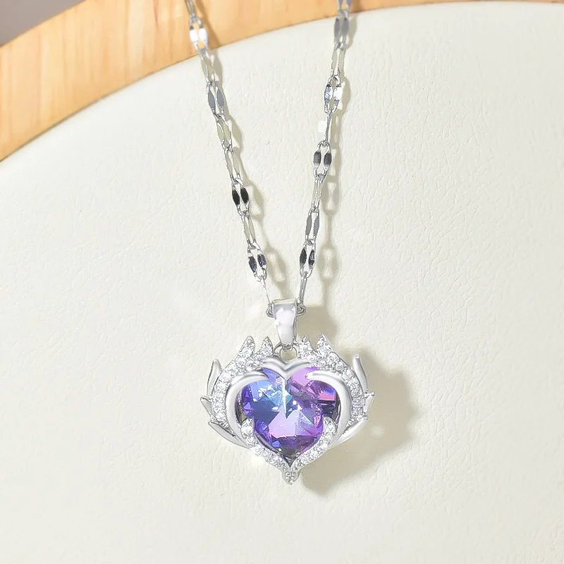 Charm Colorful Crystal Heart of The Sea Pendant Necklace for Women Exquisite Stainless Steel Zircon Chokers Bride Jewelry Gift