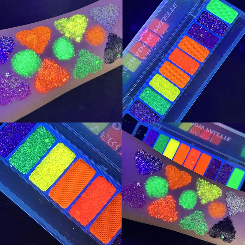 10 Colors Blacklight UV Neon Glow in Dark Fluorescent Eyeshadow Palette Shimmer Glitter Makeup Palette Pigment Luminous Cosmetic