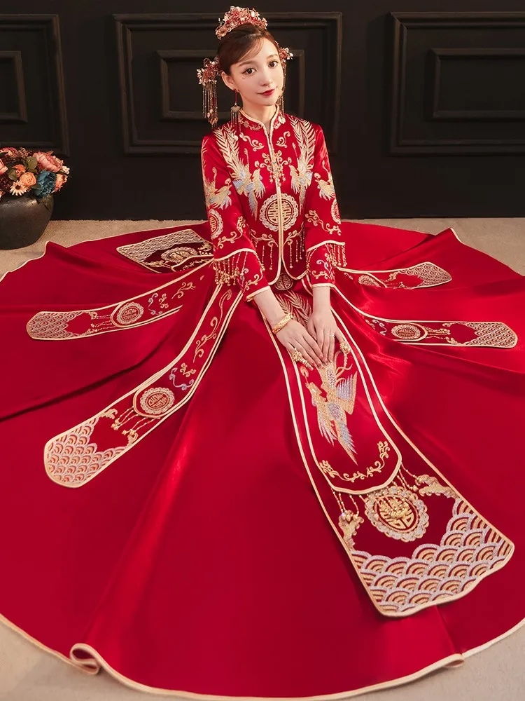 

Satin wedding dress for brides new Chinese-style dragon and phoenix toasting women