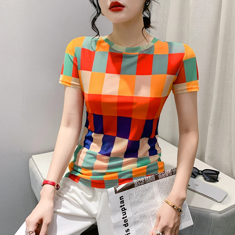 2023 New Summer European Clothes Mesh T-Shirt Women\'s Chic Sexy O-Neck Print Plaid Color Blocking Tops Short Sleeve Tees 36169