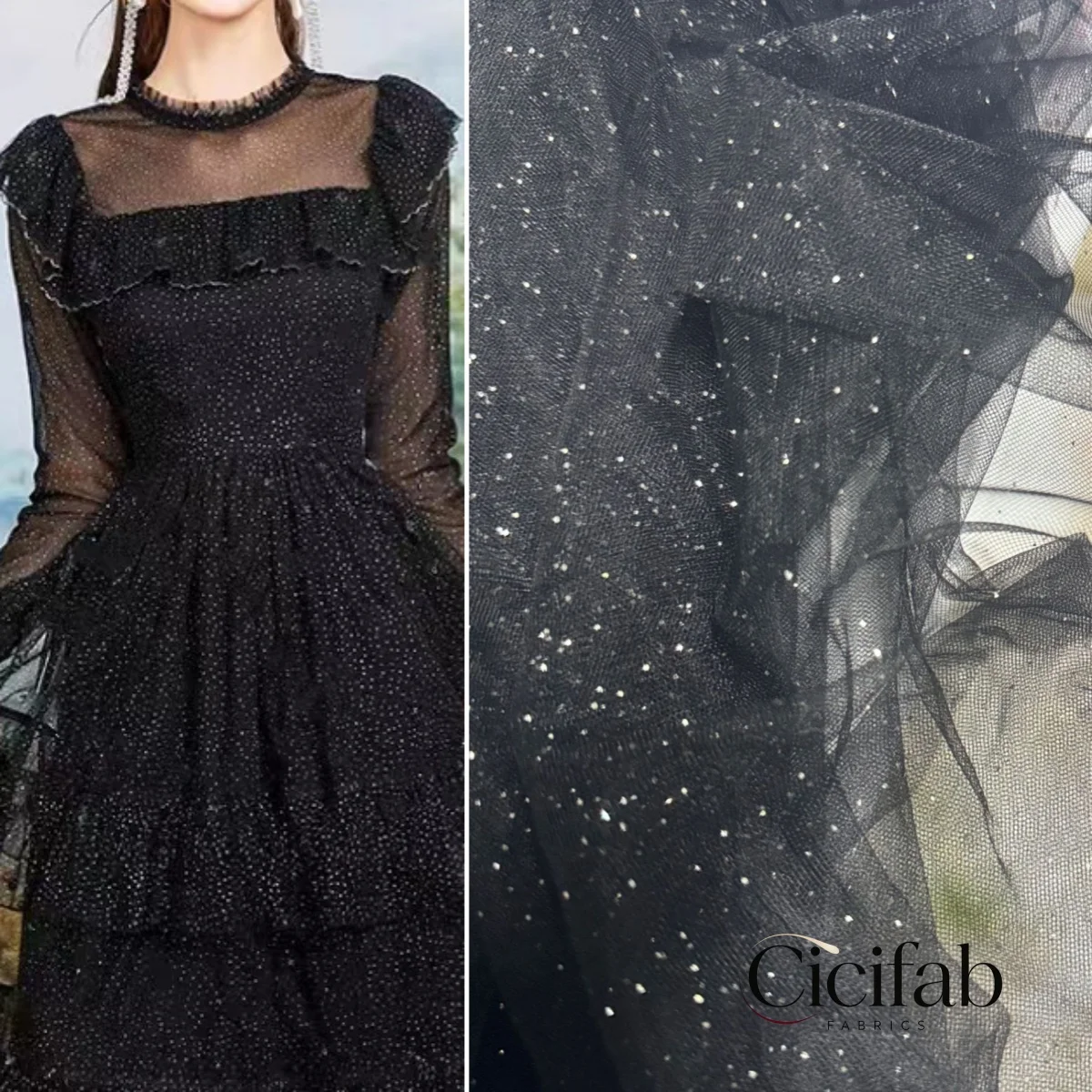 Black White Powder Sprinkled Tulle Glitter Gold Silver Starry Sequin Mesh Fabric Sewing Cloth for Wedding Dresses  Formal Gowns