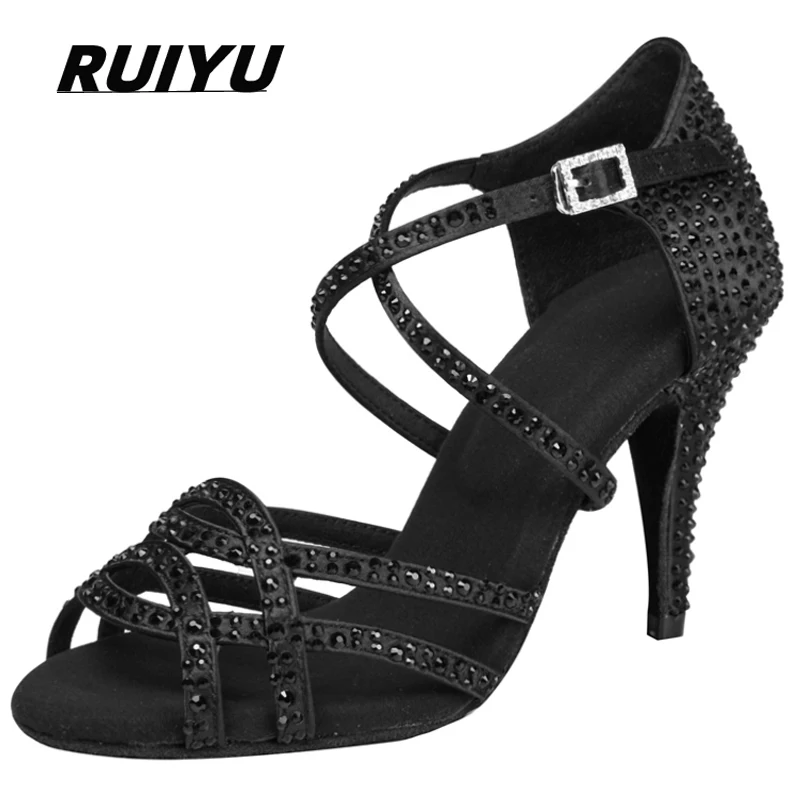 Latin Dance Shoes Salsa Tango Ballroom Party Heeled Women's Shoes Rhinestone Black Girls Summer Sandals Outdoor