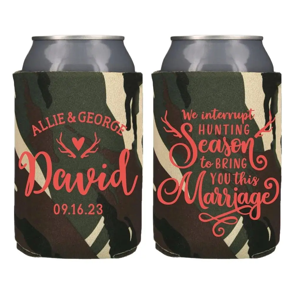 Personalized Wedding Favors, We Interrupt Hunting Season to Bring This Marriage, Customized Wedding Can Coolers, Beverage Insula