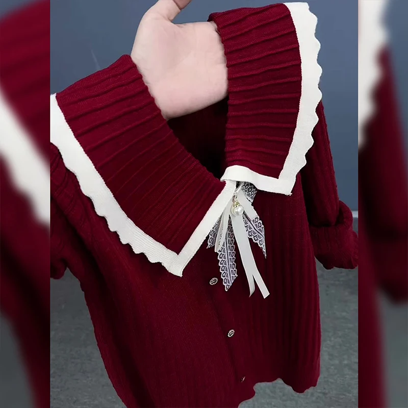 

Korean Sle Color Blo Doll Collar Knitted Open Cardigan plus Size Faion Outerwear for Women Autumn Winter New Arrival