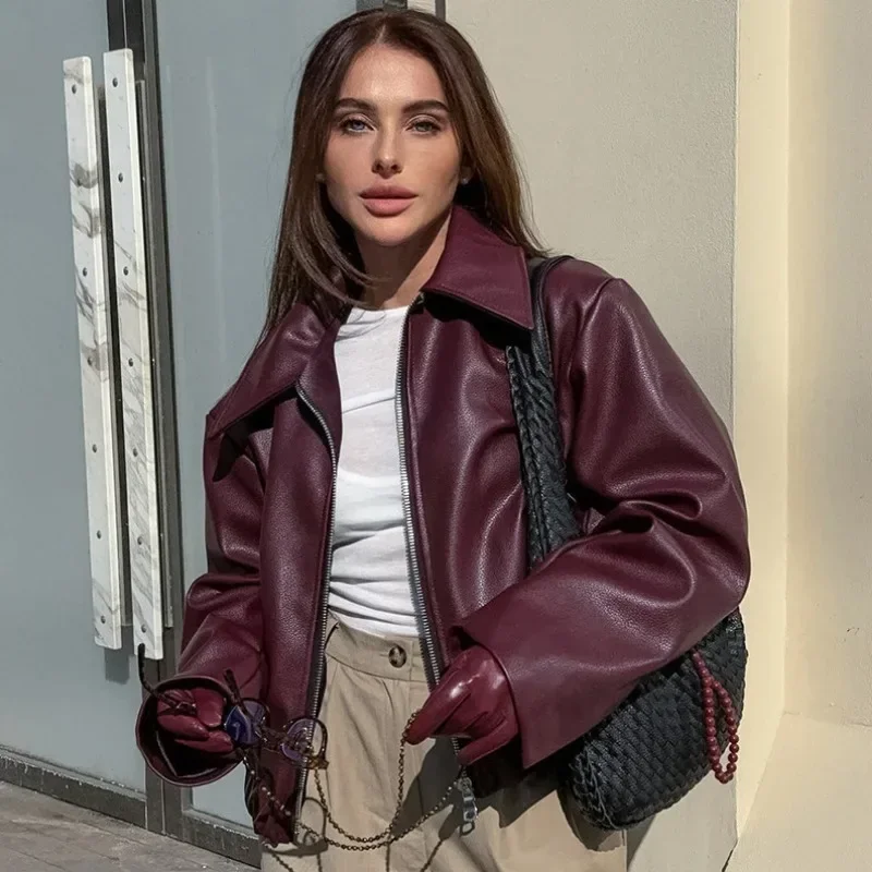 Straße Leder Damen Jacke Weinrot Drehen Unten Langarm Pu Weibliche Mäntel 2024 Vintage Tasche Zipper Motorrad Dame Outwears