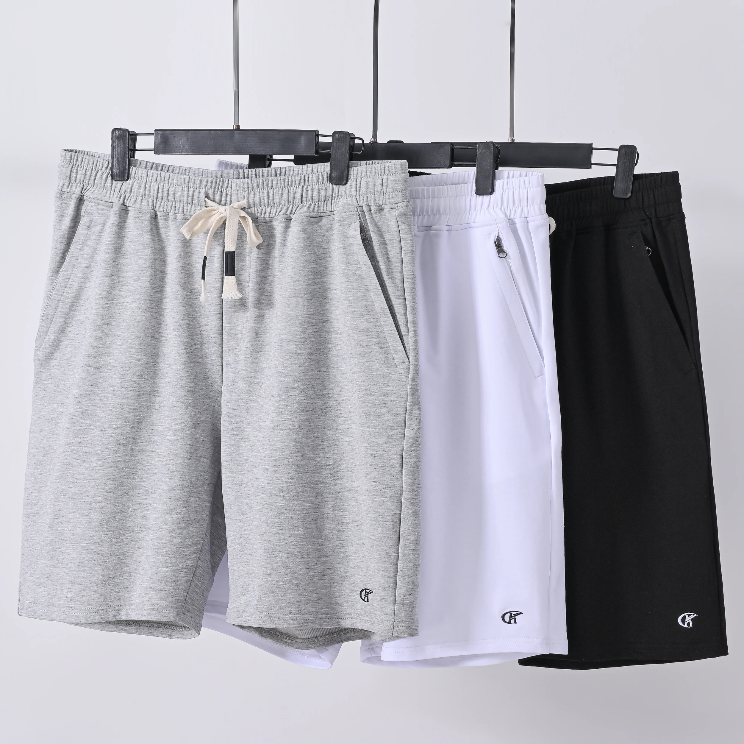Men Casual Solid Color Knit Shorts, Summer Breathable Cotton Drawstring Summer Athletic Shorts with Zipper Pockets