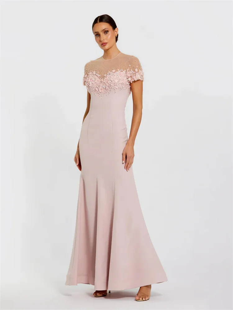 

Customized Exquisite Pink Applique Beaded Evening Dress Short-sleeved Sweetheart Neckline Chest Flower Pearl Decoration Dress