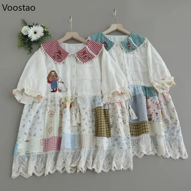 

Mori Girl Стиль Kawaii Лолита Рубашка Женская Милая Питер Пэн Воротник Цветочный Принт Кружева Оборки Блузки Женские Повседневные Милые Свободные Топы