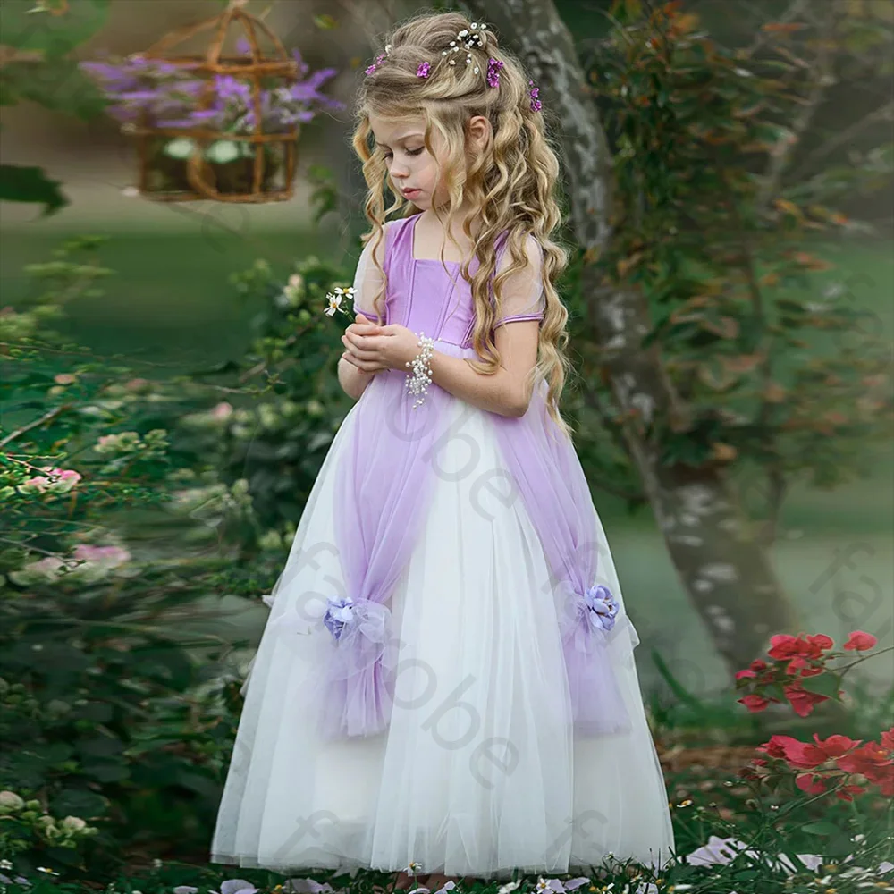 Robe de Princesse en Tulle pour Fille, Vêtement à la Mode Personnalisé, avec Fleurs 3D, Manches Cape, Violet, pour ixde Mariage, Anniversaire, Quelle que soit