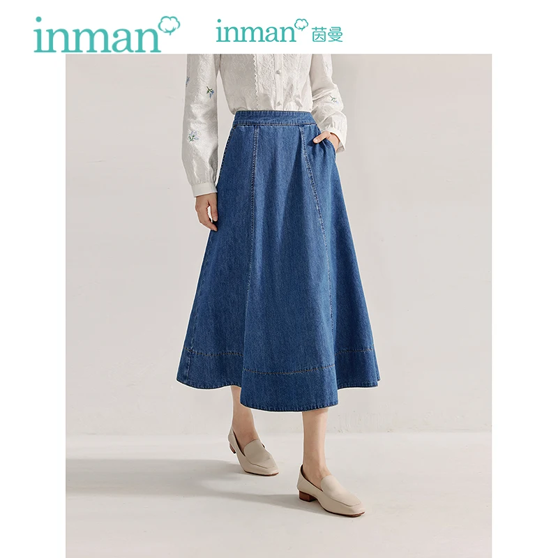 

INMAN Denim Skirt 2024 Autumn Women's Long skirt A-line covers hips high-waisted slimming umbrella Skirt