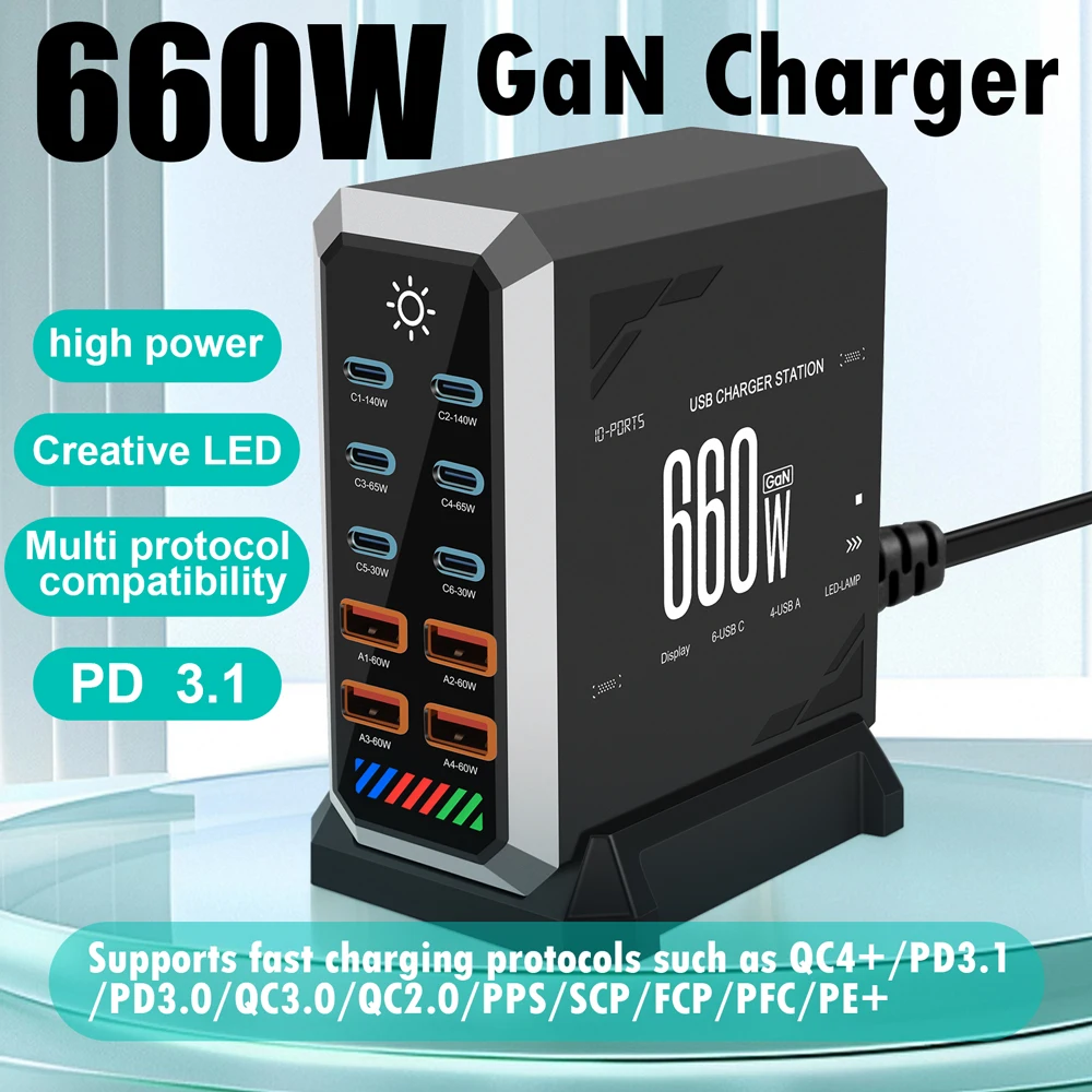 660W GaN Charger Station 10-Port PD3.1 Fast Charger with PD3.0 PPS - USB C Desktop Hub for MacBook Pro iPhone 16 Samsung iPad