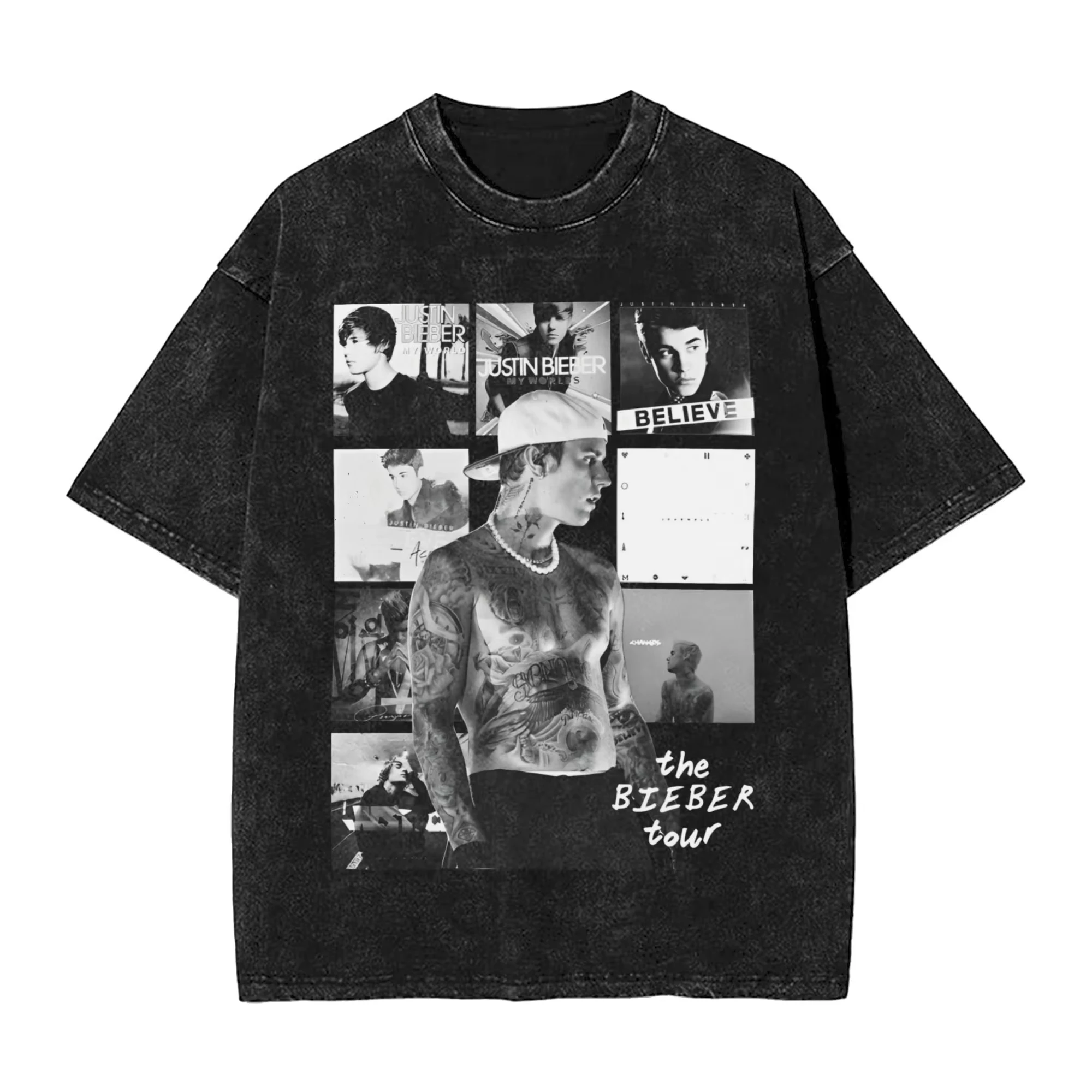 

Vintage Washed T-Shirt JUSTINS BIEBERS Star Loose T Shirts Hipster Tshirt for Couple Summer Aesthetic Design Clothing
