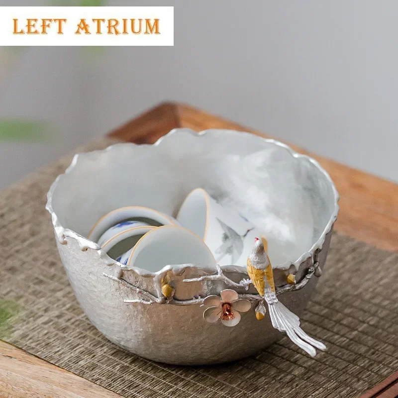 

Japanese Pure Tin Large Tea Washing Basin Hammer Patterned Cup Water Basin Plum Blossom Bird Tea Residue Barrel Kung Fu Tea Set