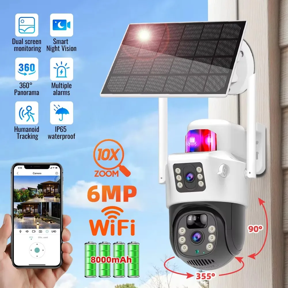 IR Night Vision Surveillance Camera Wireless Dual Lens Security Camera 6MP Human Tracking Solar Charging Bulit-in Battery Cam