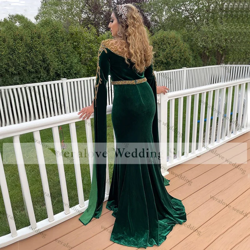 Muçulmano verde vestidos de noite 2021 frisado elegante sereia veludo para árabe saudita feminino festa de formatura vestir vestidos de fiesta