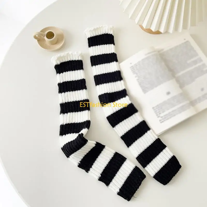 Y5GC Japanese Women Goth Punk Leg Warmers Protector Black White Striped Boot Cover Ribbed Knit Ruffled Hem Knee
