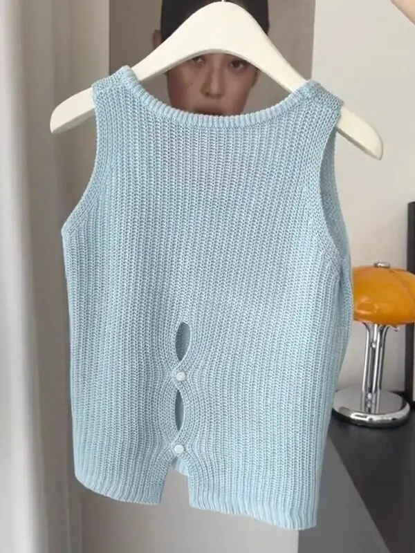 

Casual Style Women's Knitted Vest Summer Breathable Loose Sleeveless Back Split Design Fashionable Inner Wear Short Pure Color