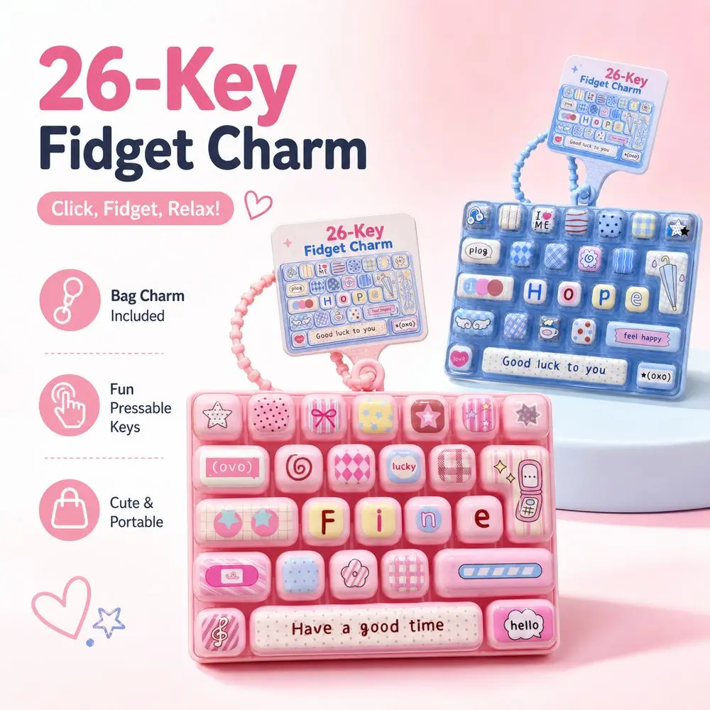 26-key Keyboard Keychain Clear Key Sounds Pressable Keys Stress Relief Decompression Hanging Loop Keyboard Fidget Bag Ornament