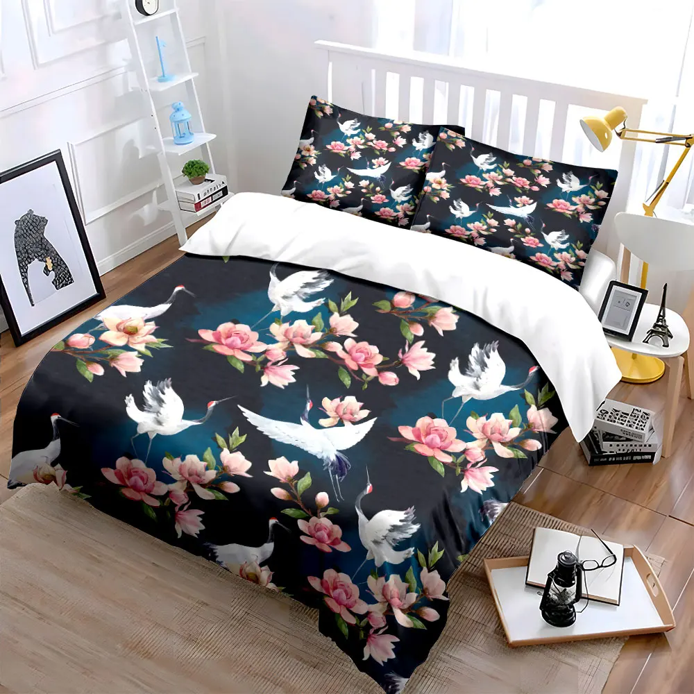 Pink Blossoms and Graceful Cranes Pattern Duvet Cover Set Digital Print Colorful Polyester Bedding with Zipper Closur for gifts