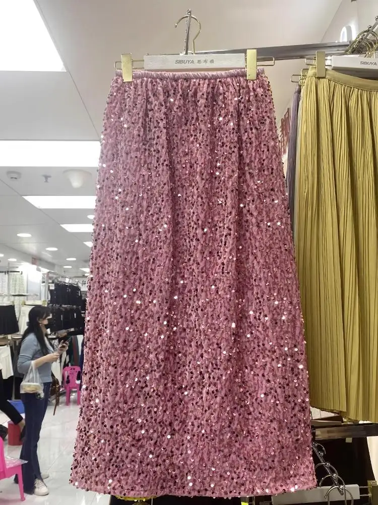 Fashion Korea rok Midi wanita pinggang tinggi belah samping pesta berpayet rok pensil wanita kasual panjang setengah Jupe Dropshipping