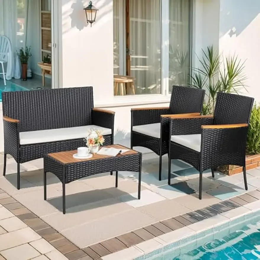 Patio Furniture Set 4 Piece Conversation Set, Outdoor Wicker Rattan Chairs Lawn Backyard Pool with Cushions & Table, Black/Beige