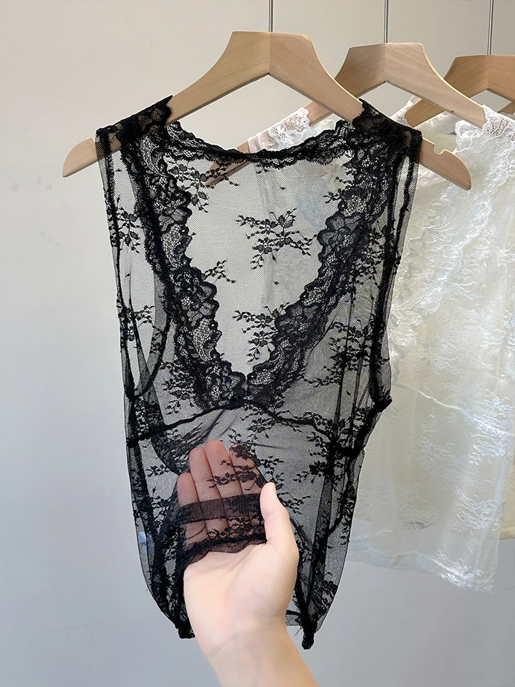 

Fleece Lined Lace Base Shirt Women's New Style Layering Sleeveless V-Neck Strap Vest Innerwear Outerwear Warm Thick Winter T-...