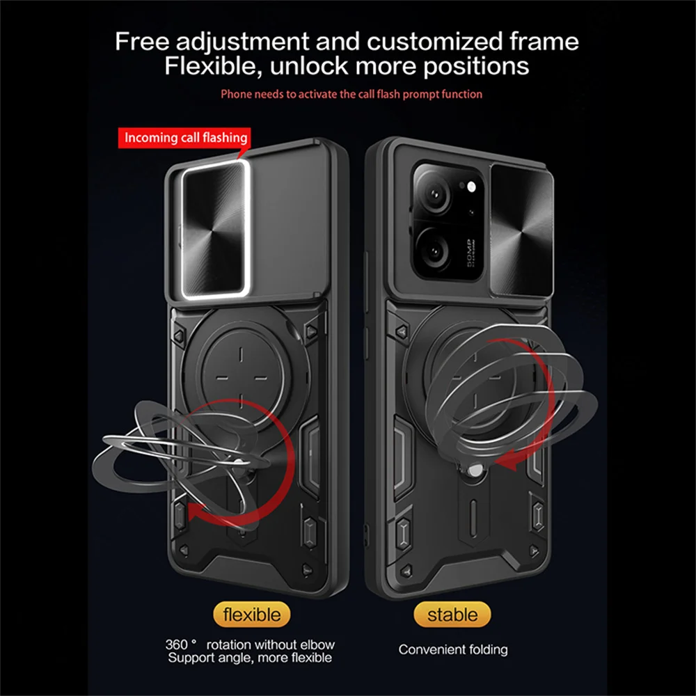 Case For Xiaomi 13T 12T 11T Pro Redmi Note 13 12 11S Poco F5 X5 Pro Magnetic Rotat Camera Slide Protector Ring 360 Stand Cover