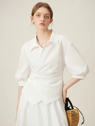 FSLE-Chemise décontractée à ceinture asymétrique pour femmes, haut blanc et bleu, nouvelle collection printemps été 2024, 24FS12080