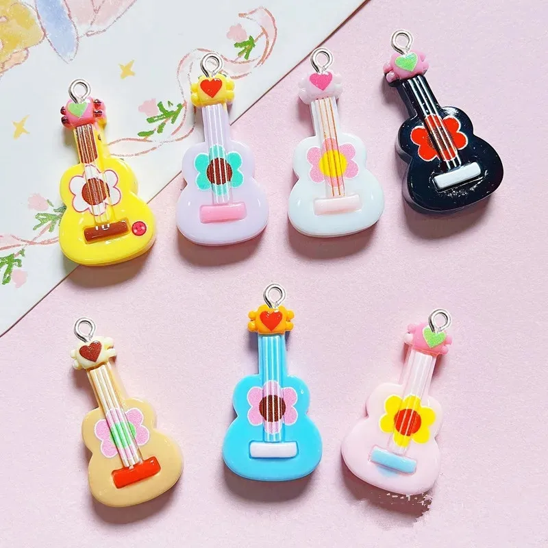 10Pcs Kawaii Cartoon GUITAR Resin Pendant DIY Female Earrings Necklace Pendants Bracelet Keychain Decoration Flat Back Resin