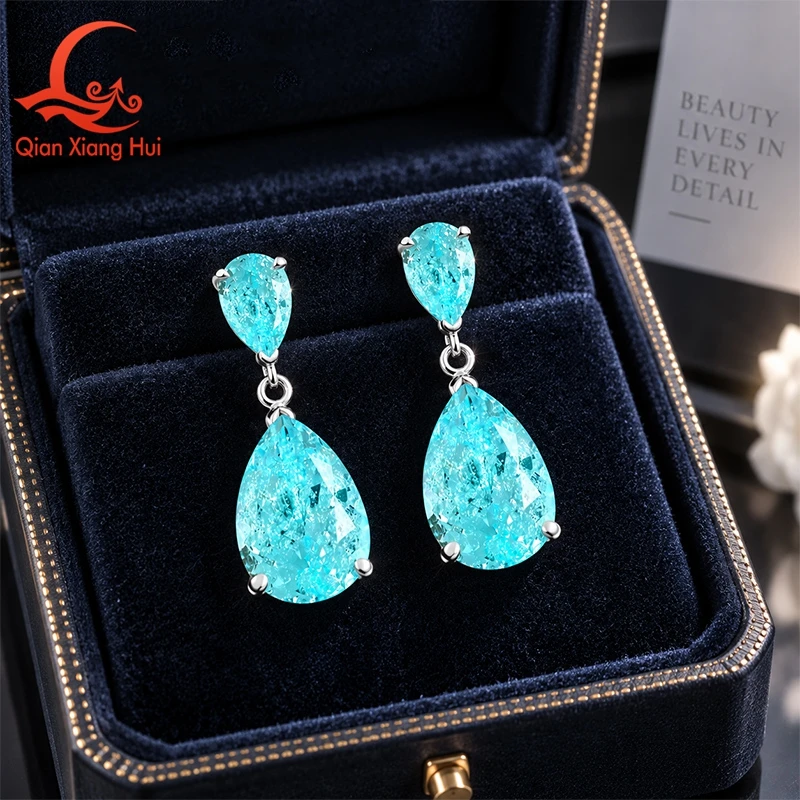 Pendientes de Turmalina Paraíba Creada con Tecnología YAG, Plata de Ley 925, Corte Doble Pera, Azul Neón/Azul Verdoso, Pendientes Colgantes, Joyería para Fiestas