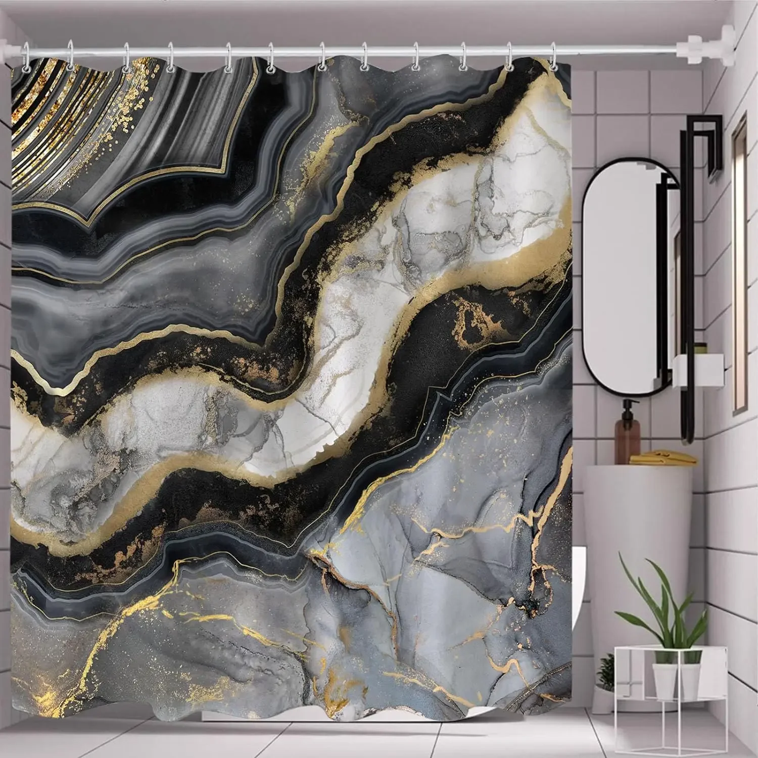 

Black Gray Gold Marble Shower Curtain Grey Modern Abstract Shower Curtain for Bathroom Cool Art Pretty Fabric Bath Curtain Decor